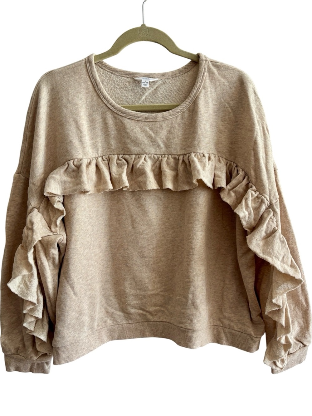 Time and Tru Ruffle Accent Pullover French Terry Sweatshirt, Oatmeal Heather